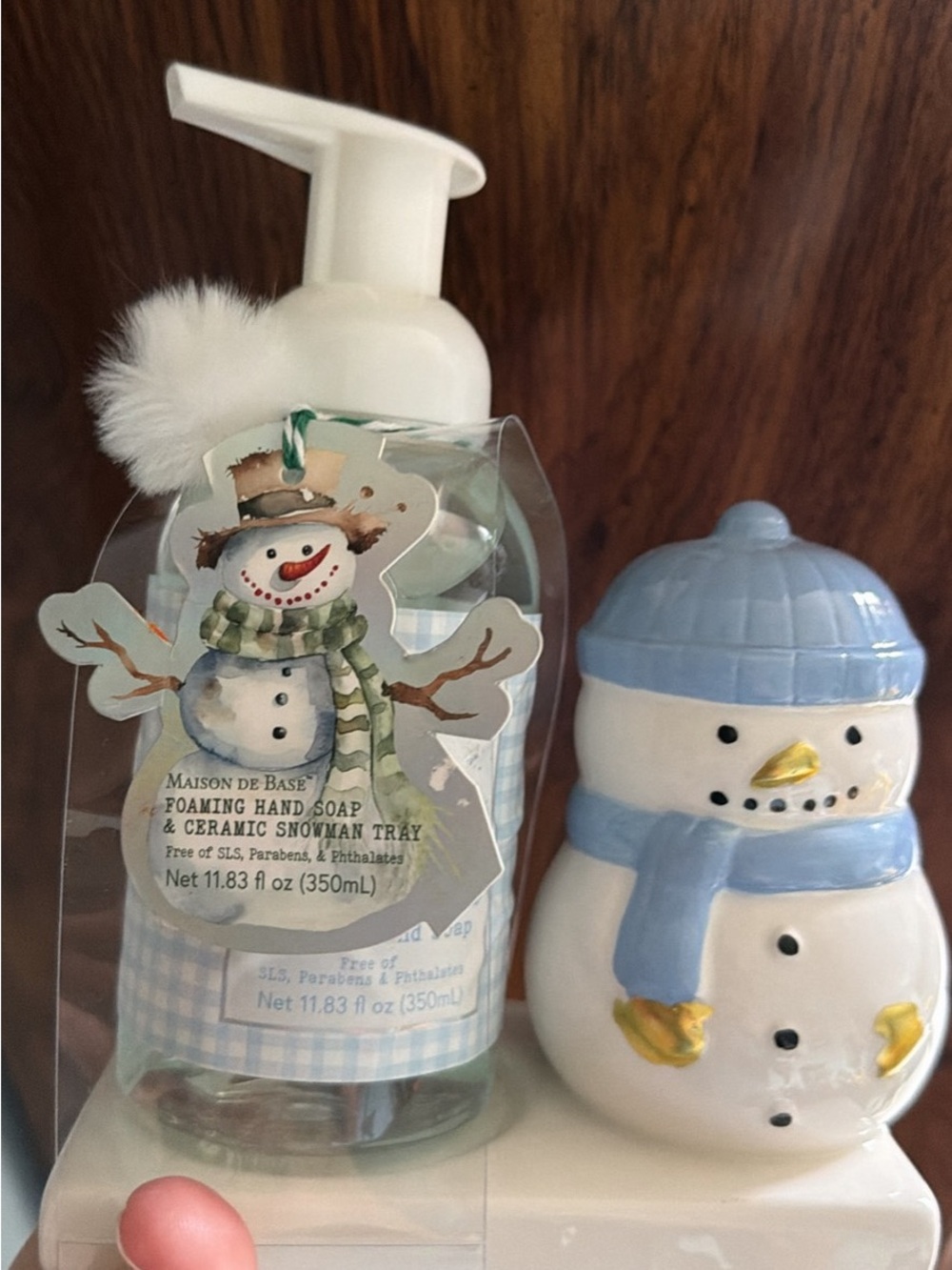 Maison de Base Foaming Hand Soap with Ceramic Snowman Tray - Light Blue & White